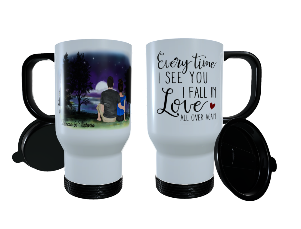 Romantic Couple Lakeside Moonlight Travel Mug, Custom Couples